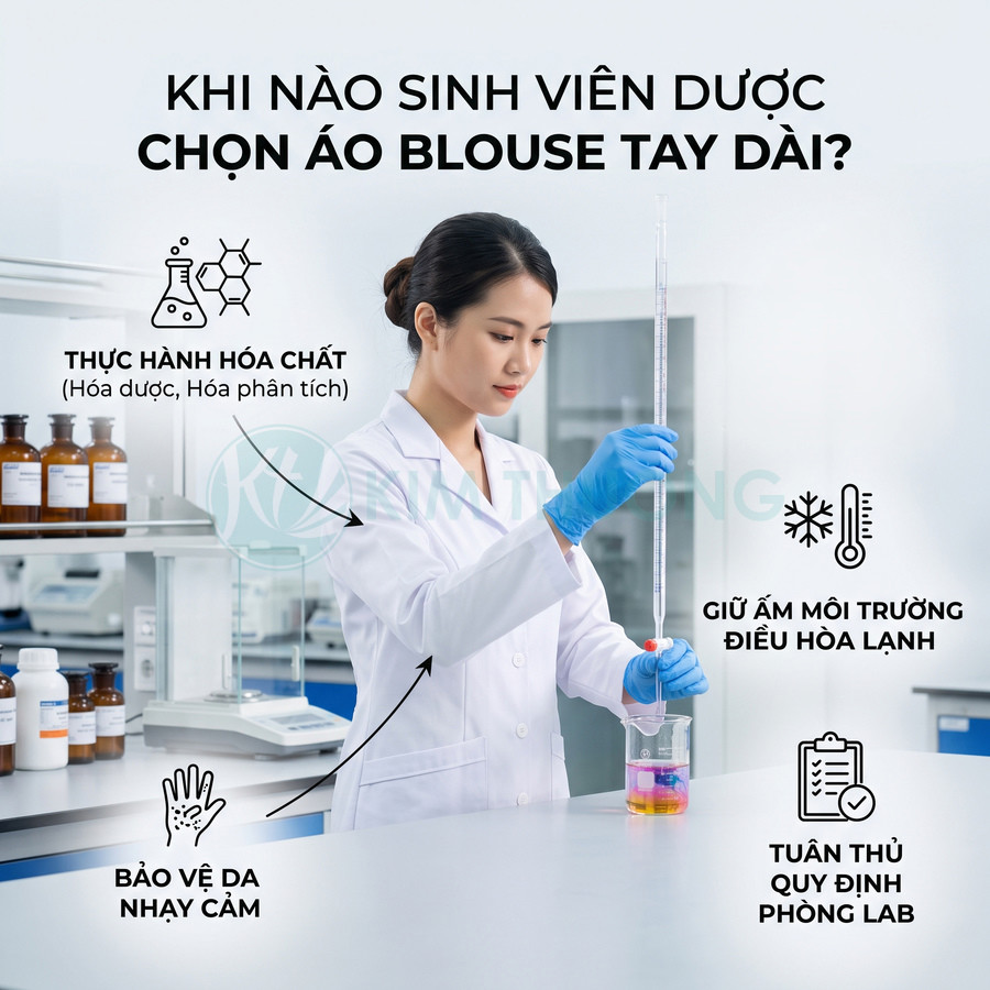 Nữ sinh viên dược mặc áo blouse tay dài và găng tay xanh đang thao tác thí nghiệm với ống đong trong phòng lab